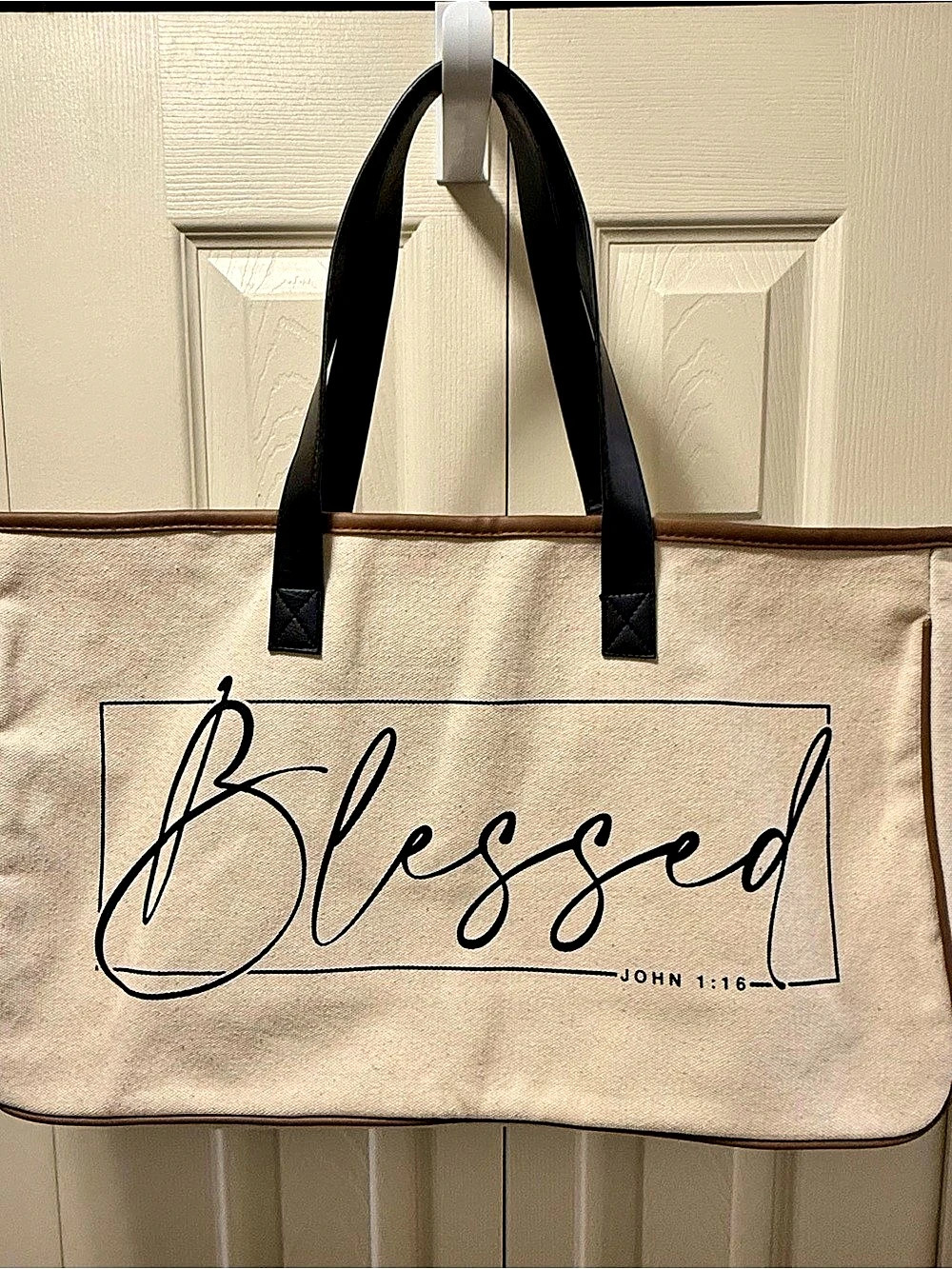 Blessed Scripture Tote in Beige & Black by Love in Faith EUC
